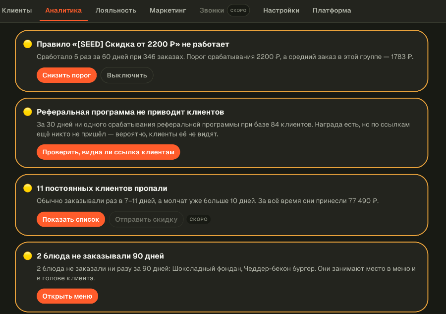 Рекомендации в аналитике VkusApp